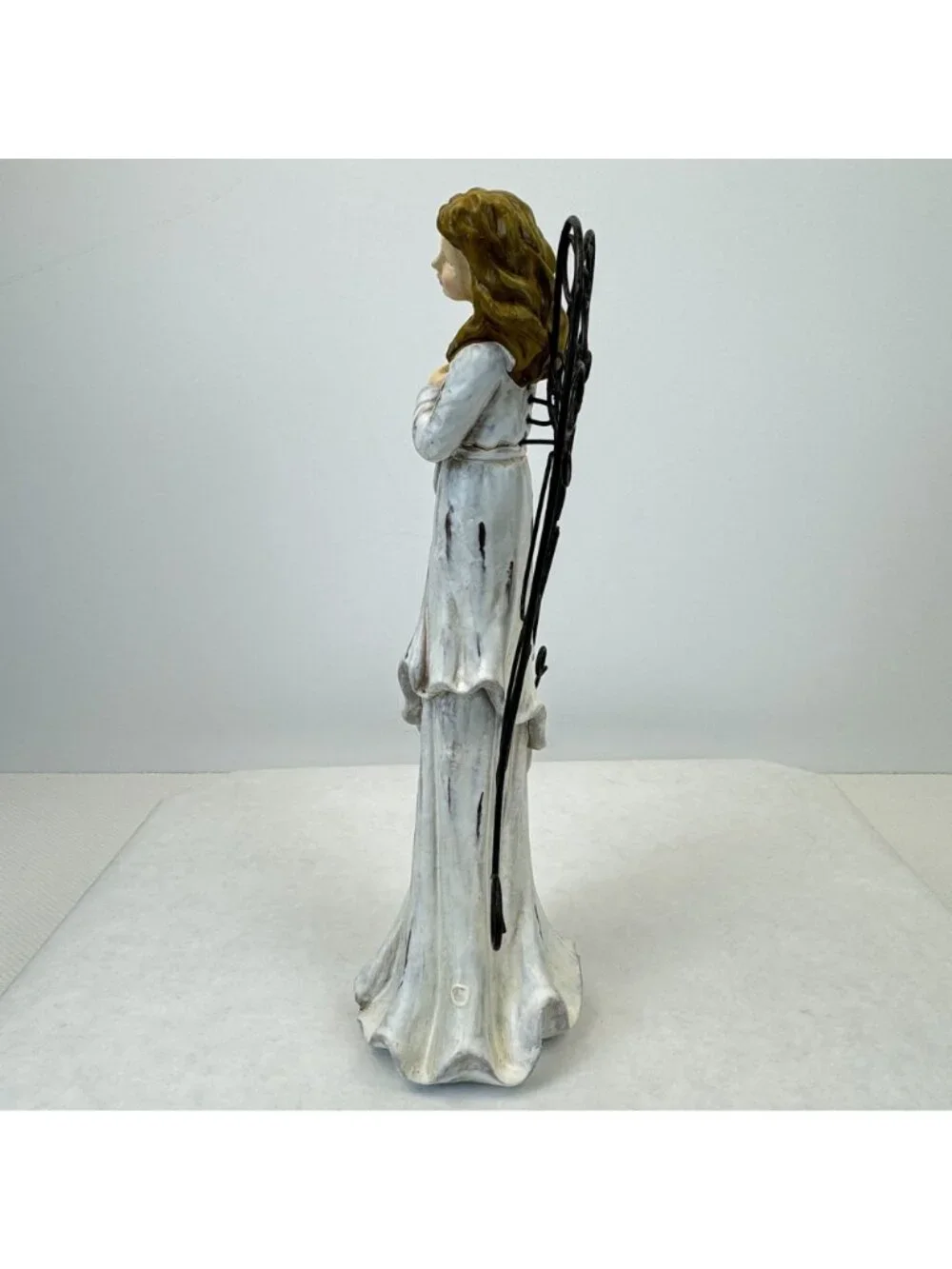 Vintage Rustic White Christmas Angel Figurine With Metal Wings Gold Trumpet 11" - Picture 3 of 10